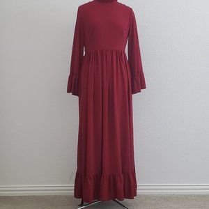 Burgundy ruffle sleeve with belt lightweight womens casual dress